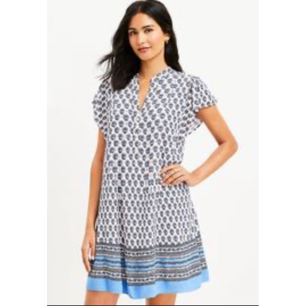Loft Women Dress Sz S Petite Floral Pleated Ruffle Sleeve Swing Dress Pink Blue